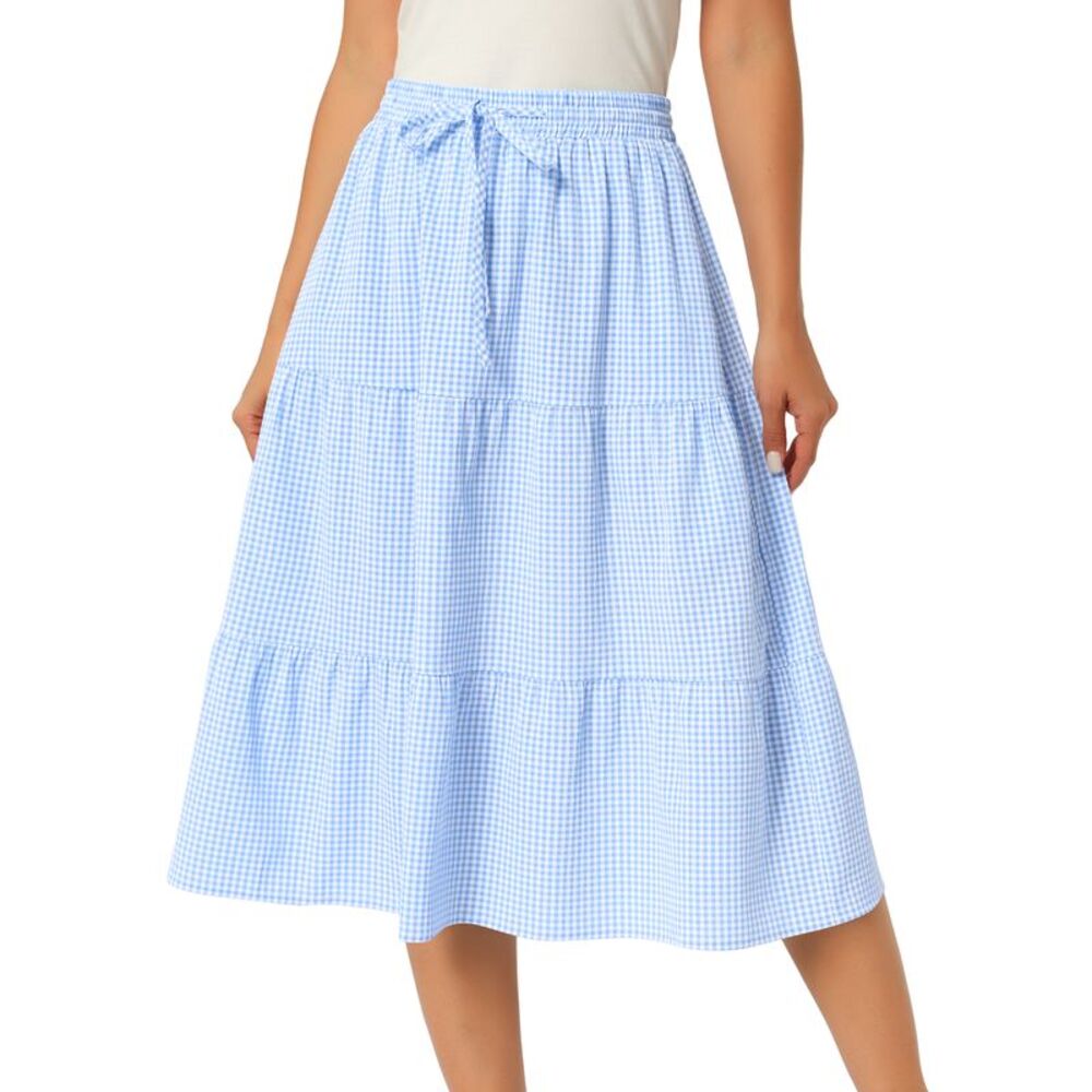 Women's Gingham Skirt Summer Casual Tiered Plaid A-Line Midi Skirts Sky Blue